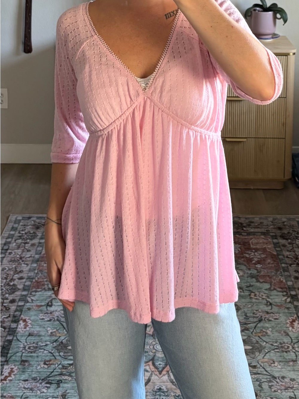 Vintage Pure Zone Pink Pointelle Babydoll Top Large Y2K
